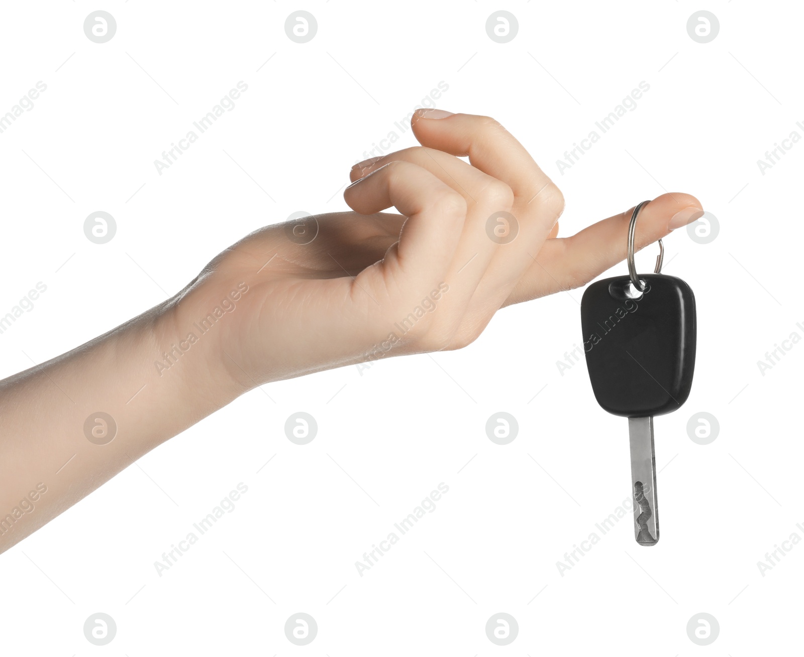 Photo of Woman with car key on white background, closeup