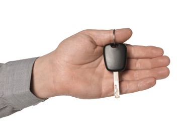 Photo of Man with car key on white background, closeup