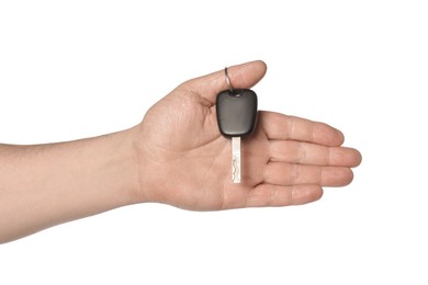 Photo of Man with car key on white background, closeup