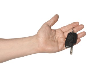 Photo of Man with car keys on white background, closeup