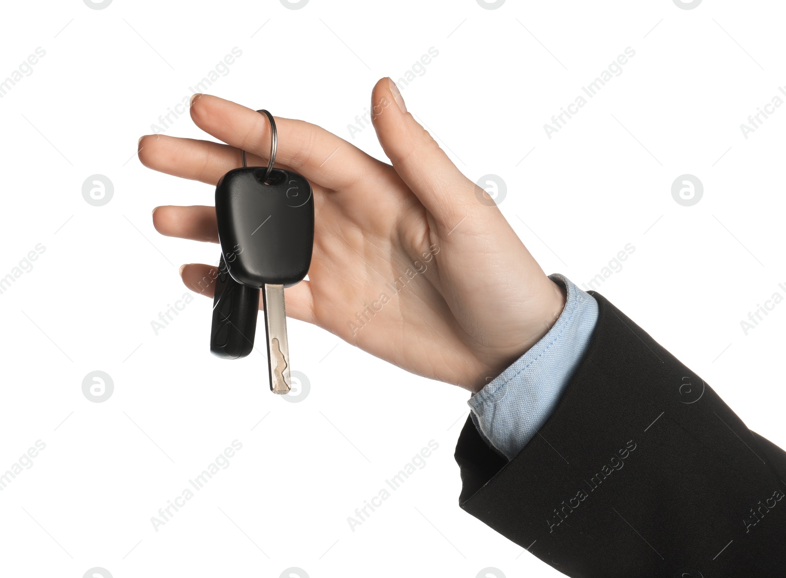 Woman with car keys on white background, closeup Photo of Woman with car keys on white background, closeup