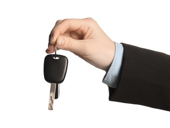 Photo of Woman with car keys on white background, closeup