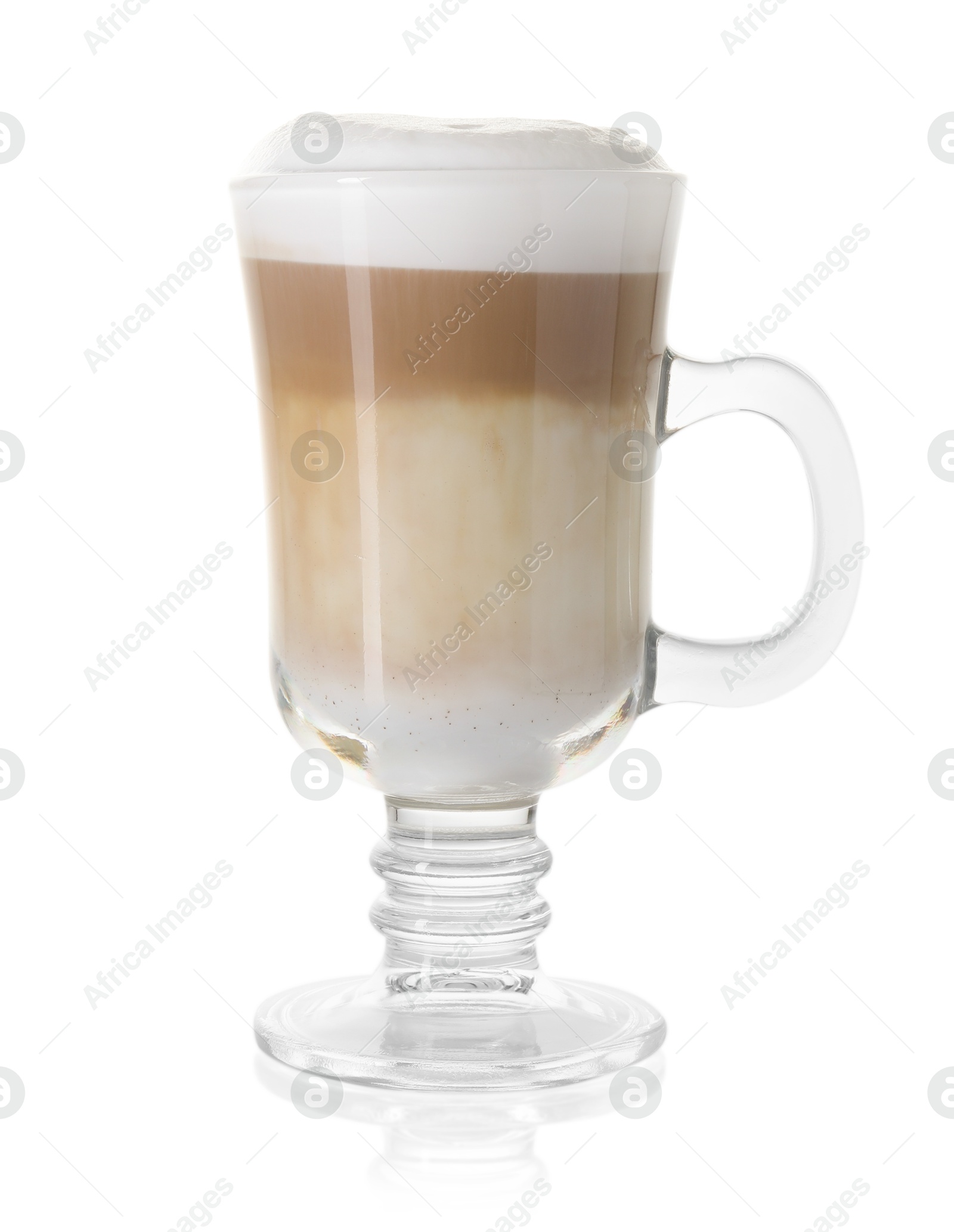 Photo of Tasty latte macchiato in glass cup isolated on white