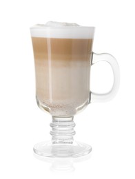 Photo of Tasty latte macchiato in glass cup isolated on white