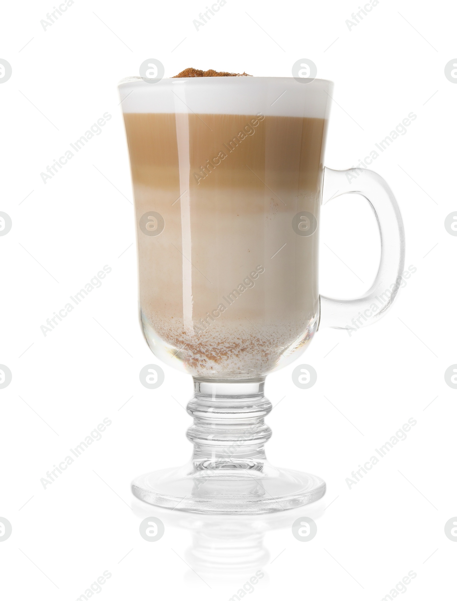 Photo of Tasty latte macchiato in glass cup isolated on white