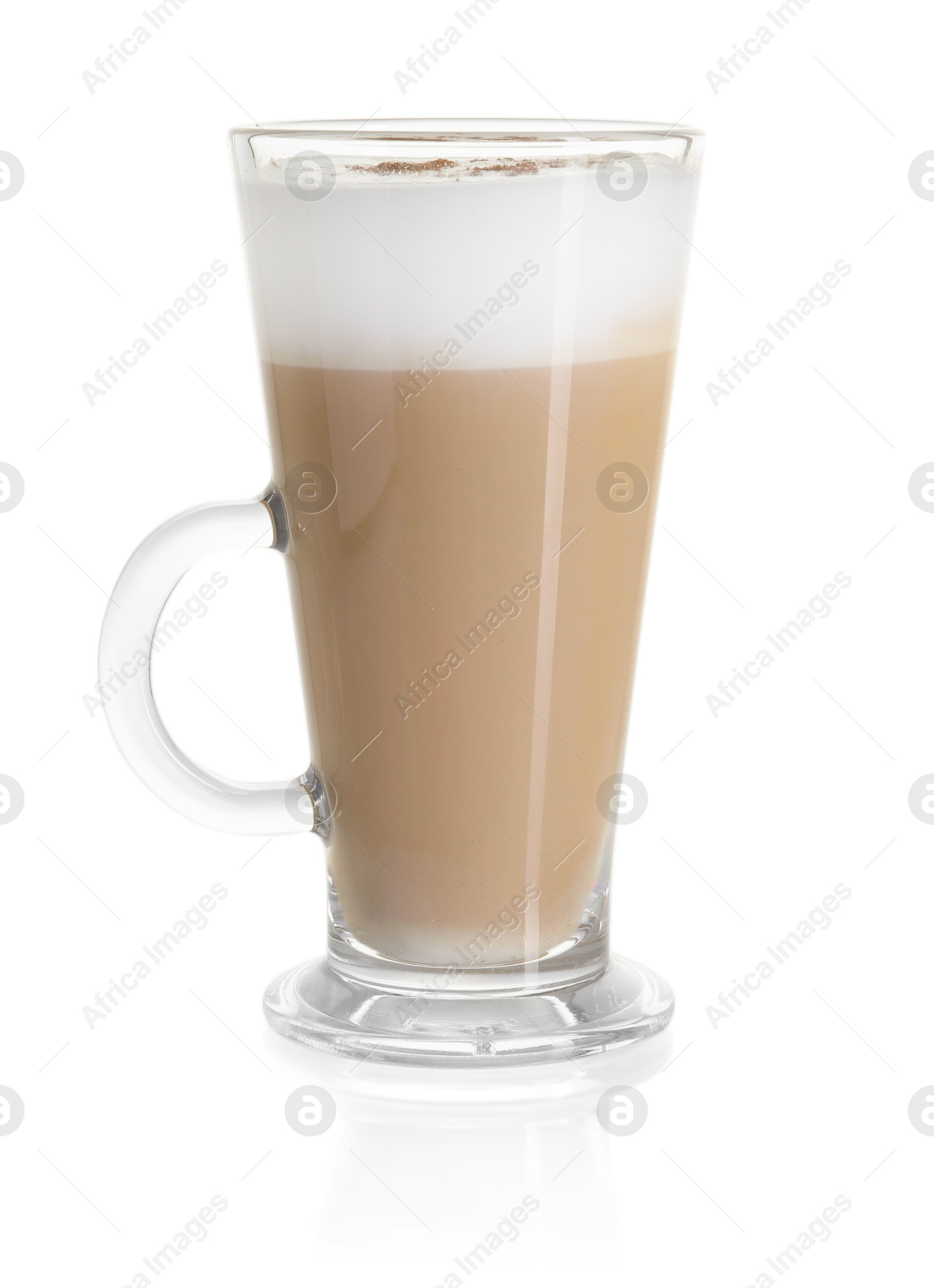 Photo of Tasty latte macchiato in glass cup isolated on white