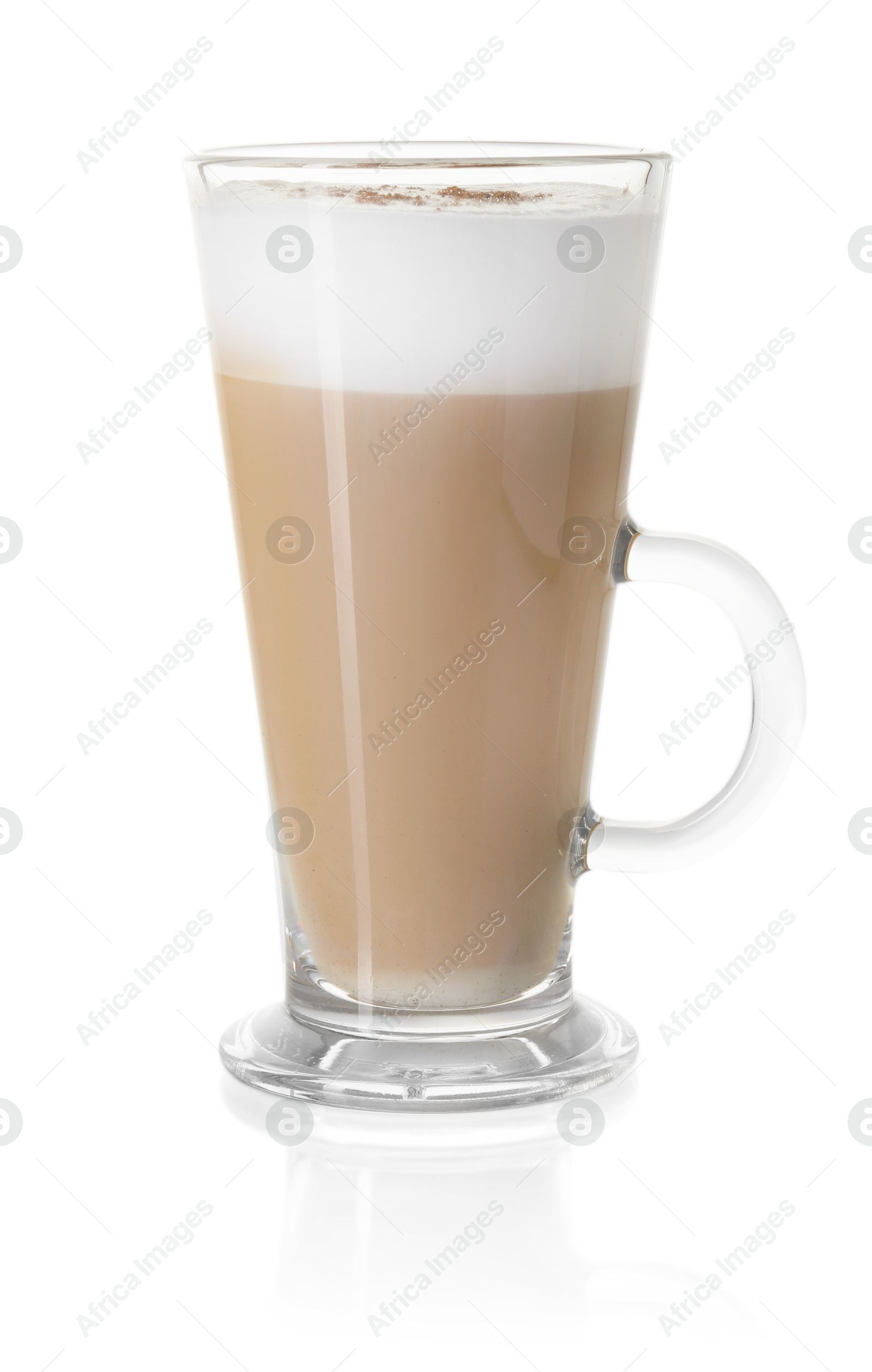 Photo of Tasty latte macchiato in glass cup isolated on white