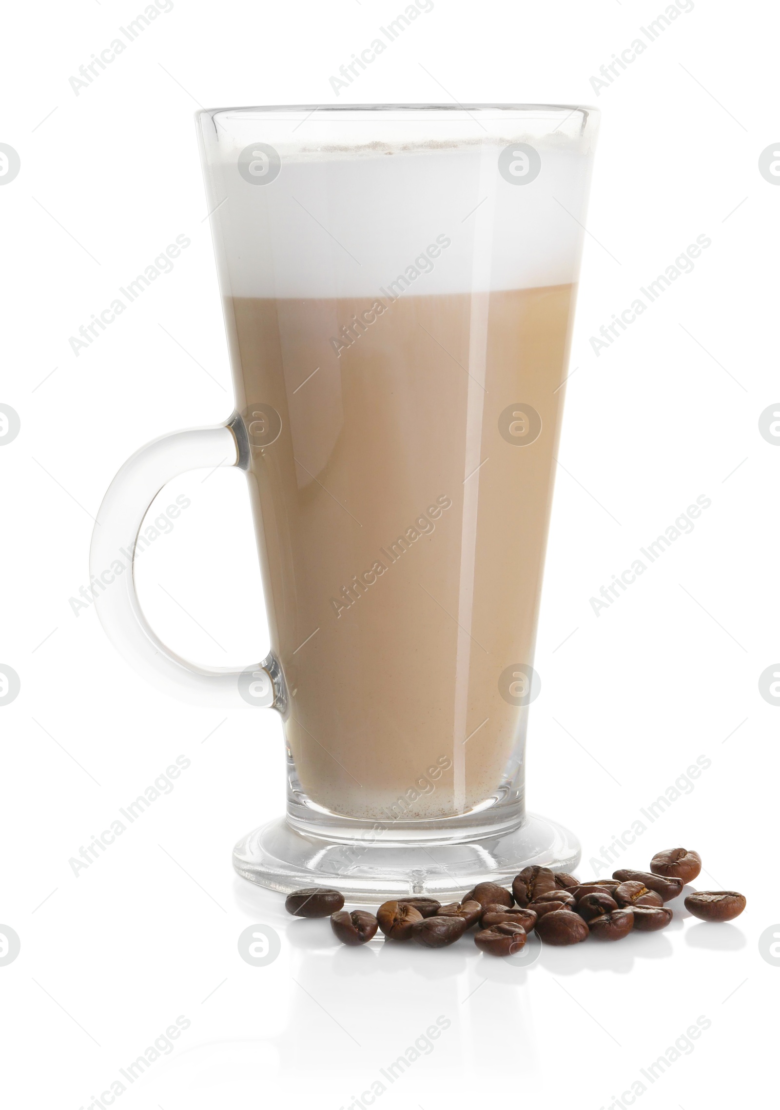 Photo of Tasty latte macchiato in glass cup and coffee beans isolated on white