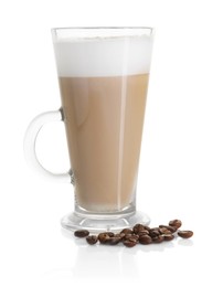 Photo of Tasty latte macchiato in glass cup and coffee beans isolated on white