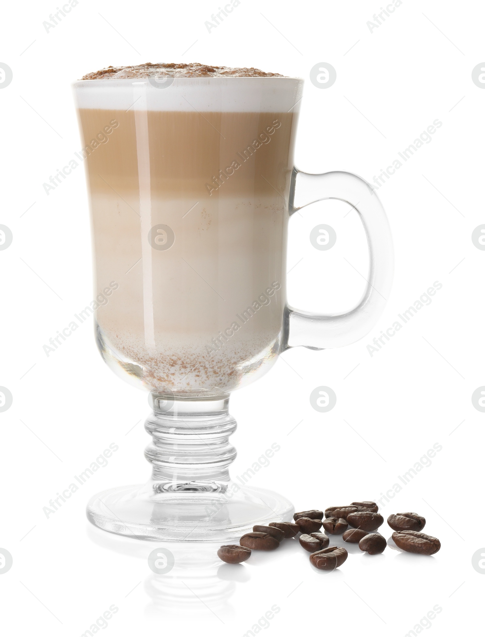 Photo of Tasty latte macchiato in glass cup and coffee beans isolated on white