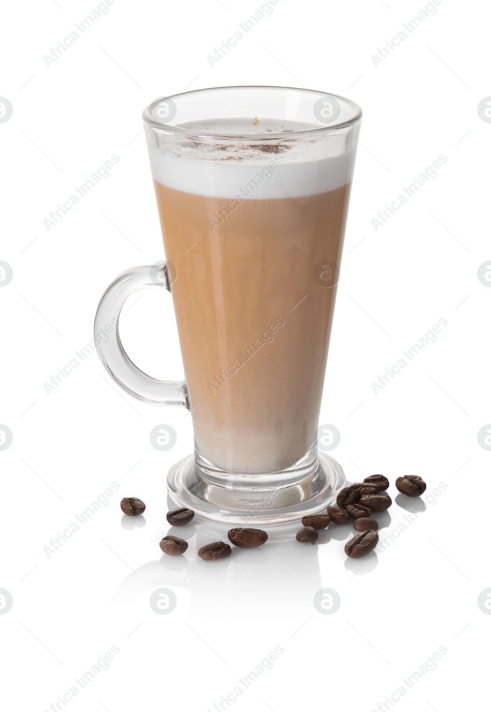 Photo of Tasty latte macchiato in glass cup and coffee beans isolated on white