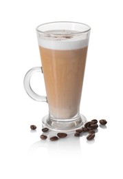 Photo of Tasty latte macchiato in glass cup and coffee beans isolated on white