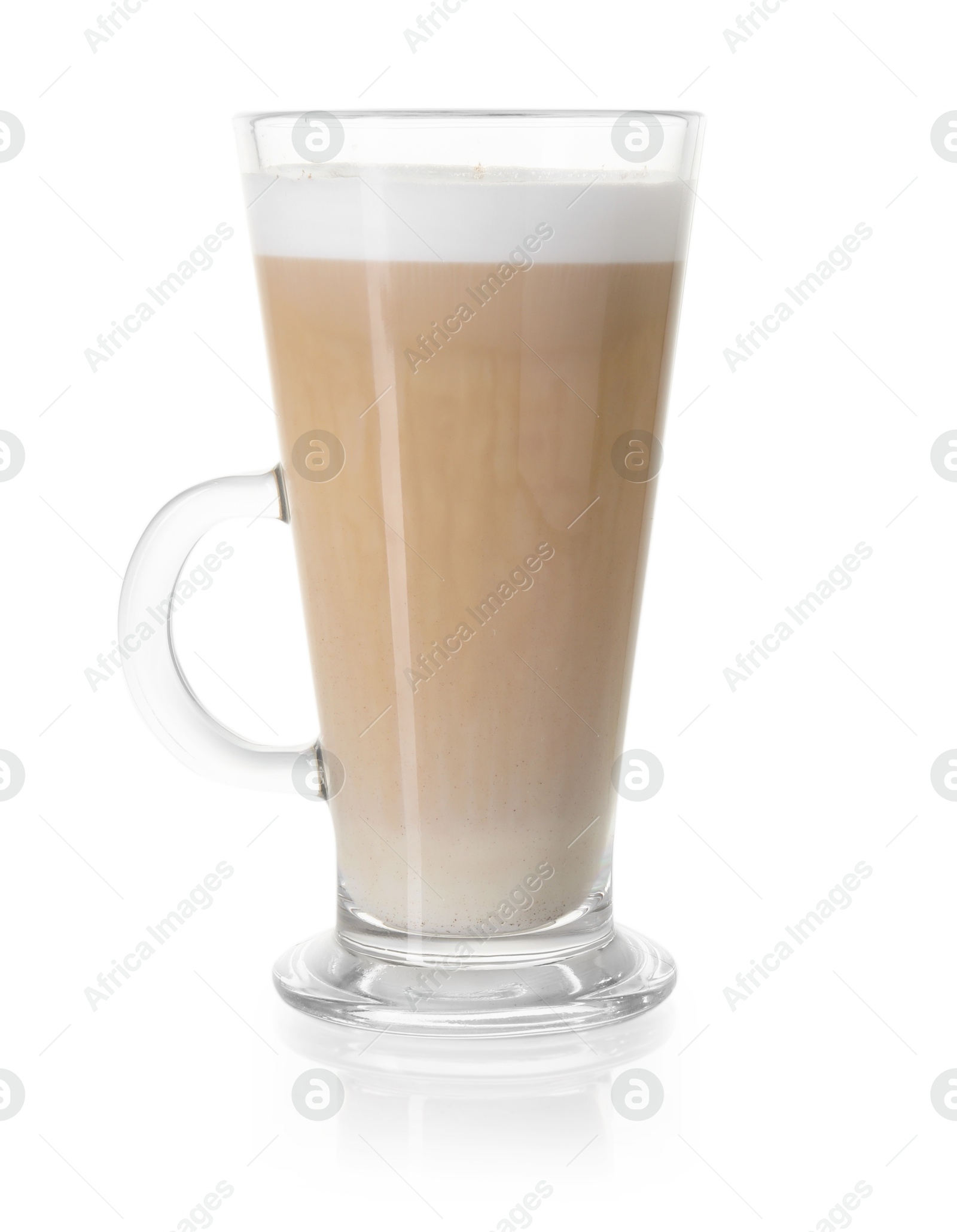 Photo of Tasty latte macchiato in glass cup isolated on white