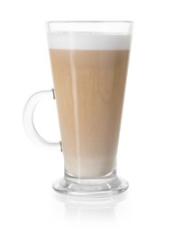 Photo of Tasty latte macchiato in glass cup isolated on white