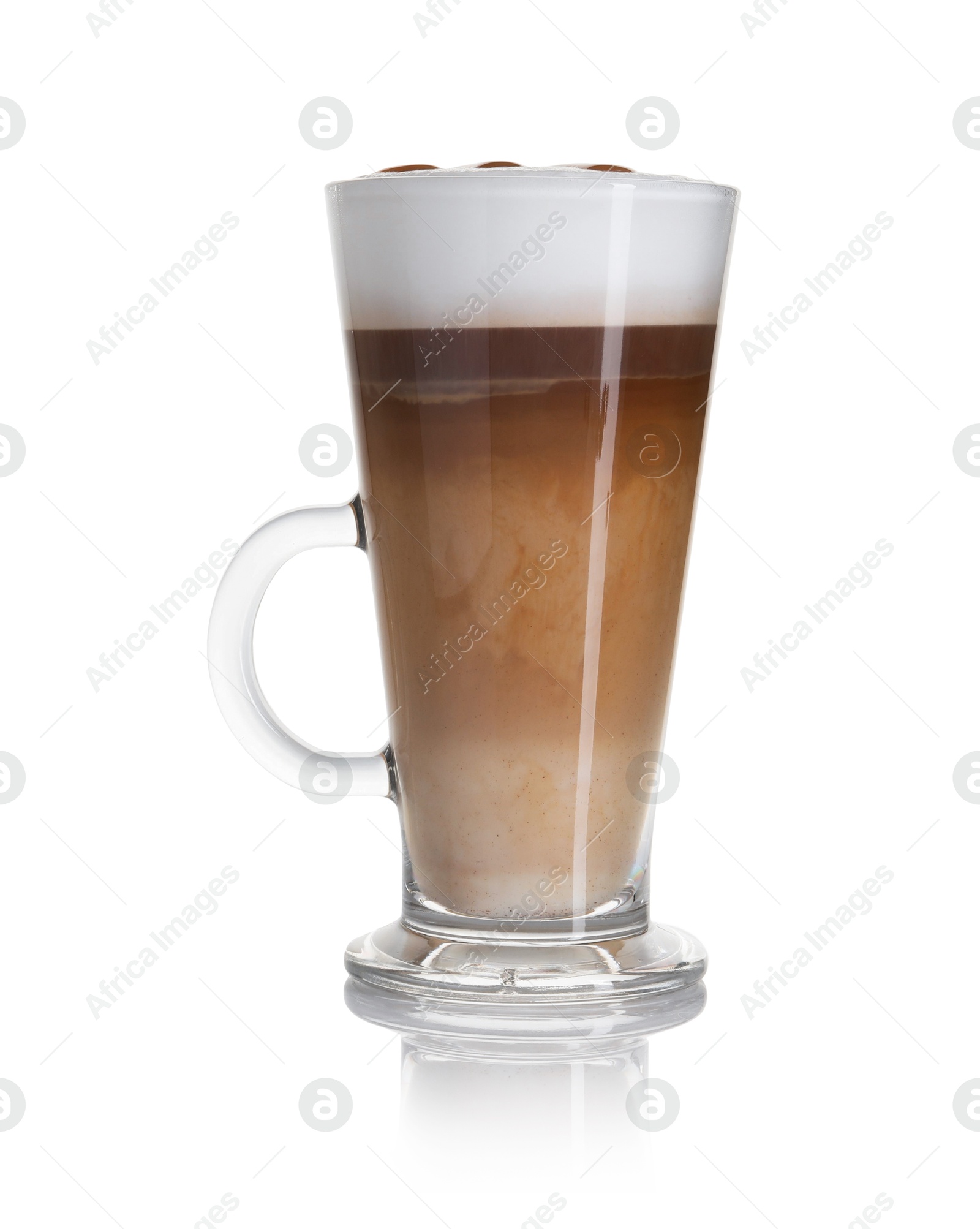 Photo of Tasty latte macchiato in glass cup isolated on white