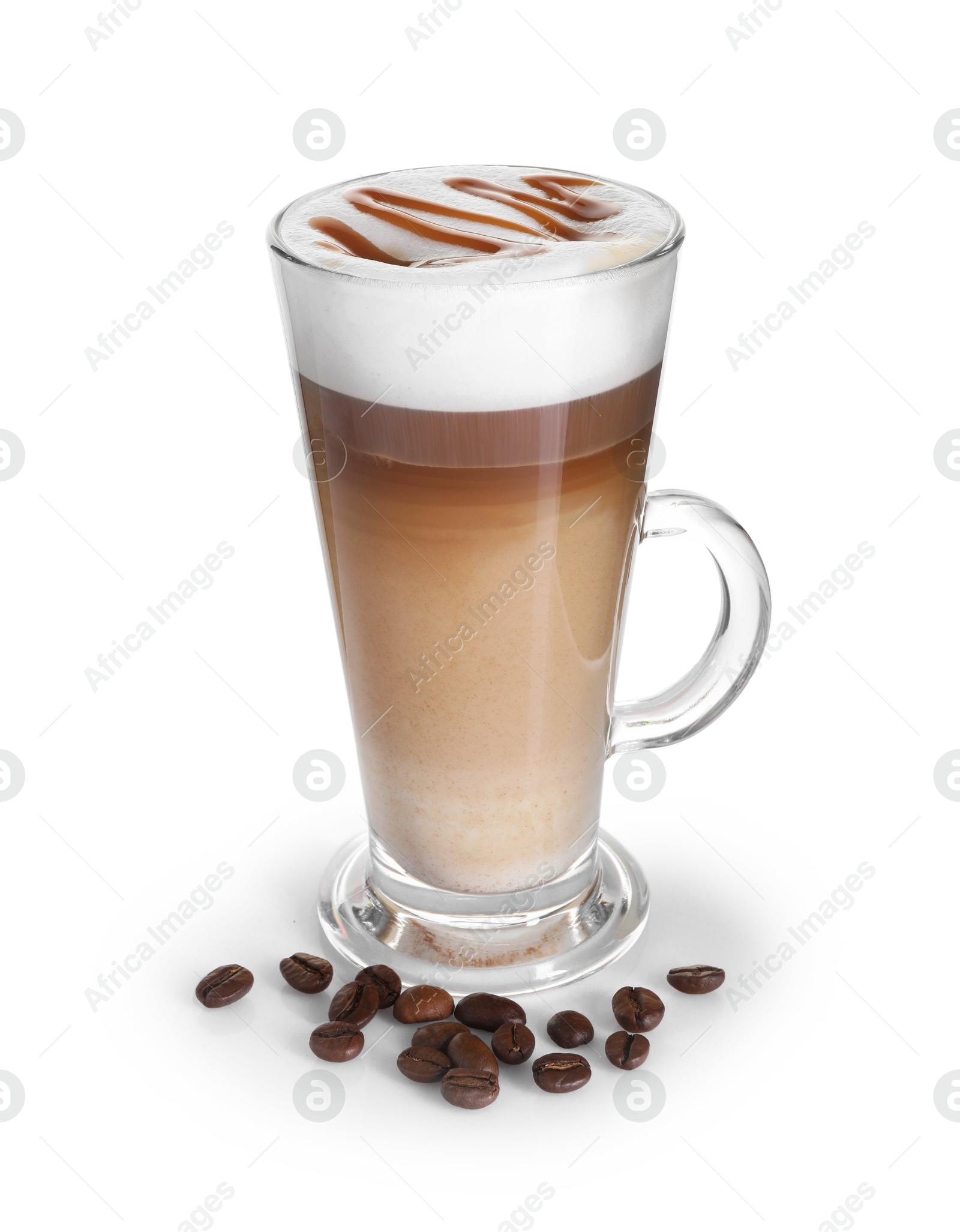 Photo of Tasty latte macchiato in glass cup and coffee beans isolated on white