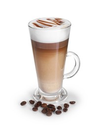 Photo of Tasty latte macchiato in glass cup and coffee beans isolated on white