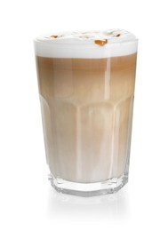 Photo of Tasty latte macchiato in glass isolated on white