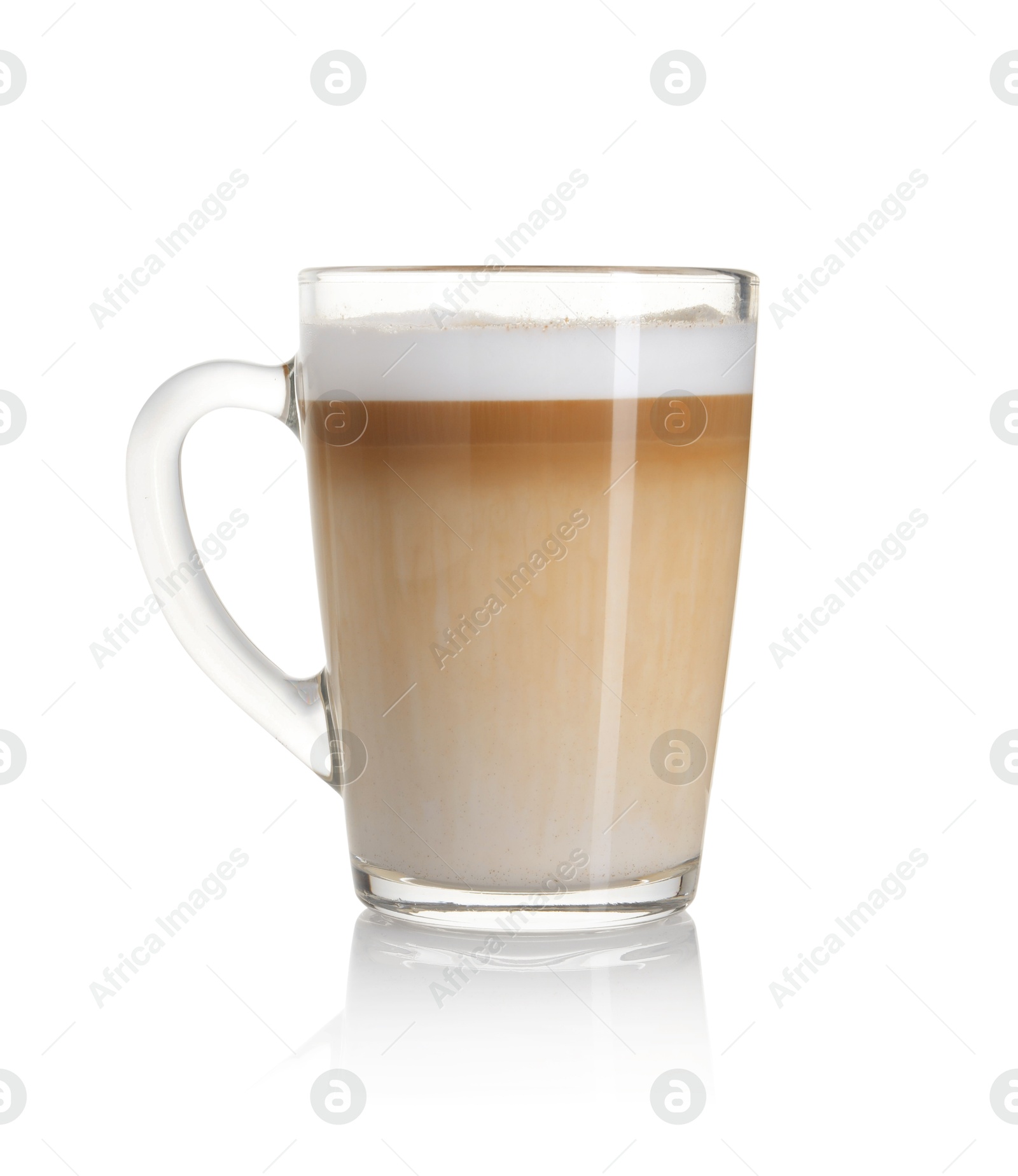 Photo of Tasty latte macchiato in glass cup isolated on white