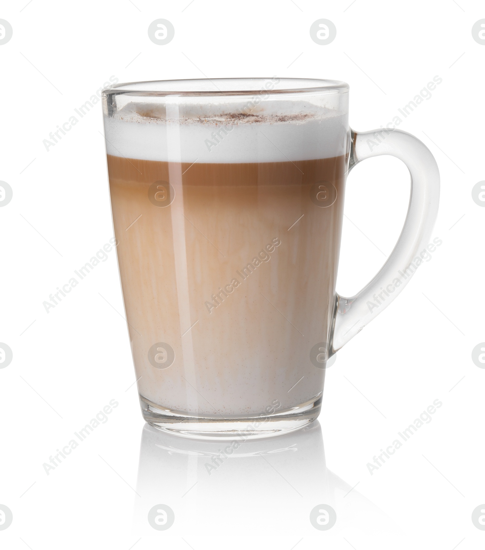 Photo of Tasty latte macchiato in glass cup isolated on white