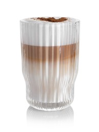 Photo of Tasty latte macchiato in glass isolated on white