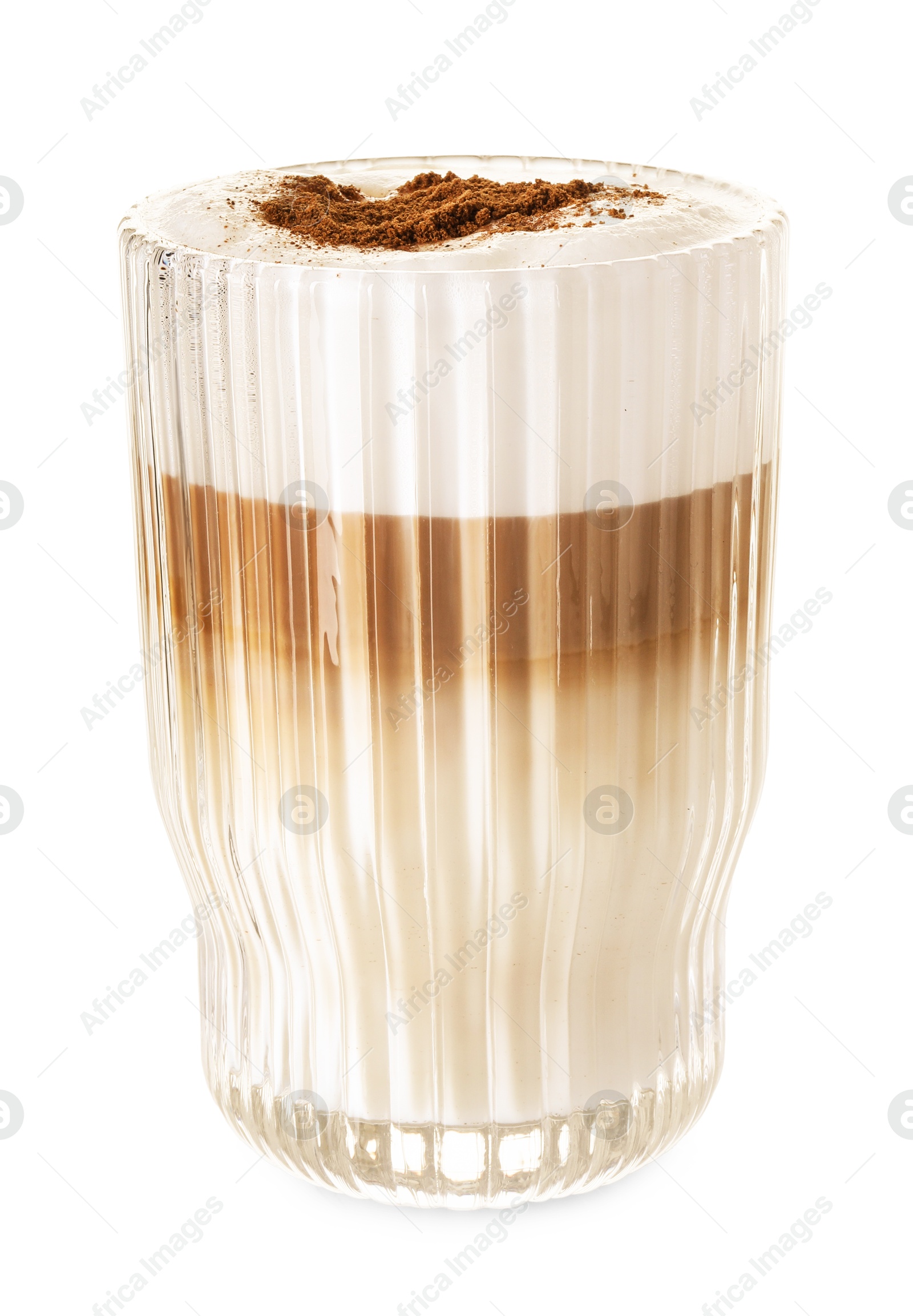 Photo of Tasty latte macchiato in glass isolated on white