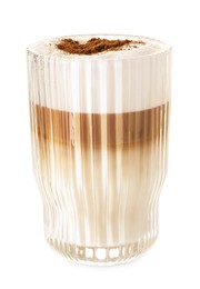 Photo of Tasty latte macchiato in glass isolated on white