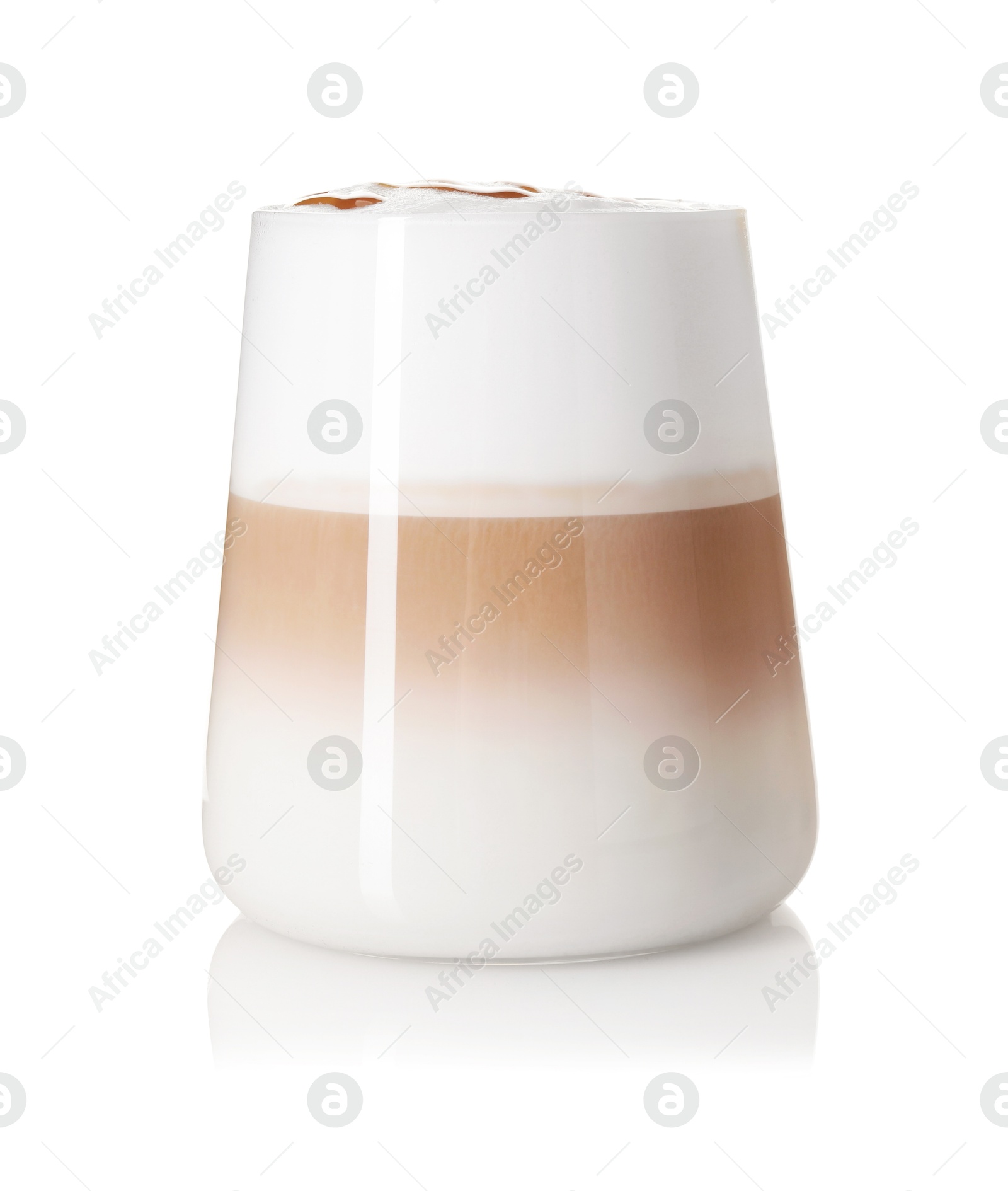 Photo of Tasty latte macchiato in glass isolated on white