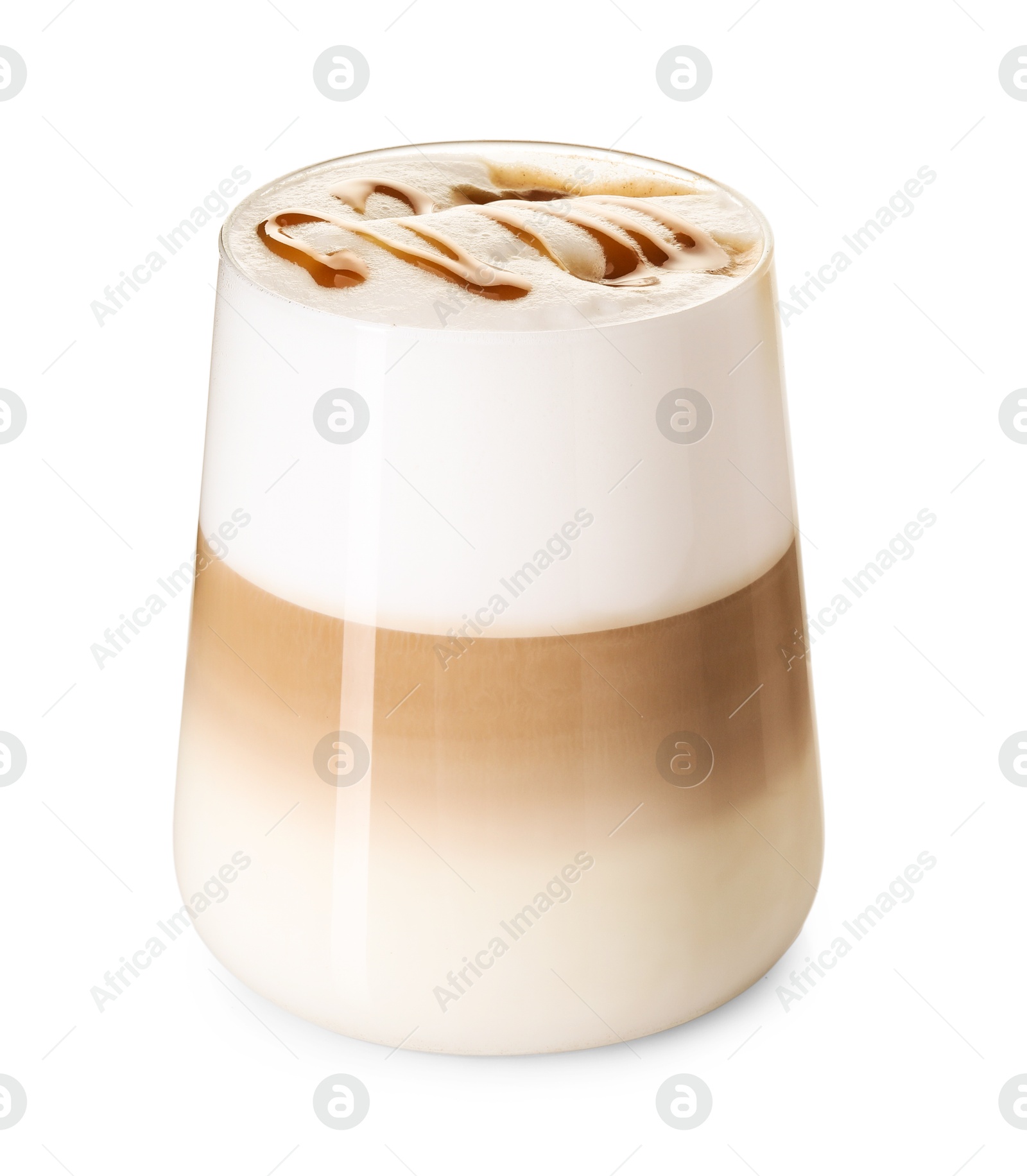 Photo of Tasty latte macchiato in glass isolated on white