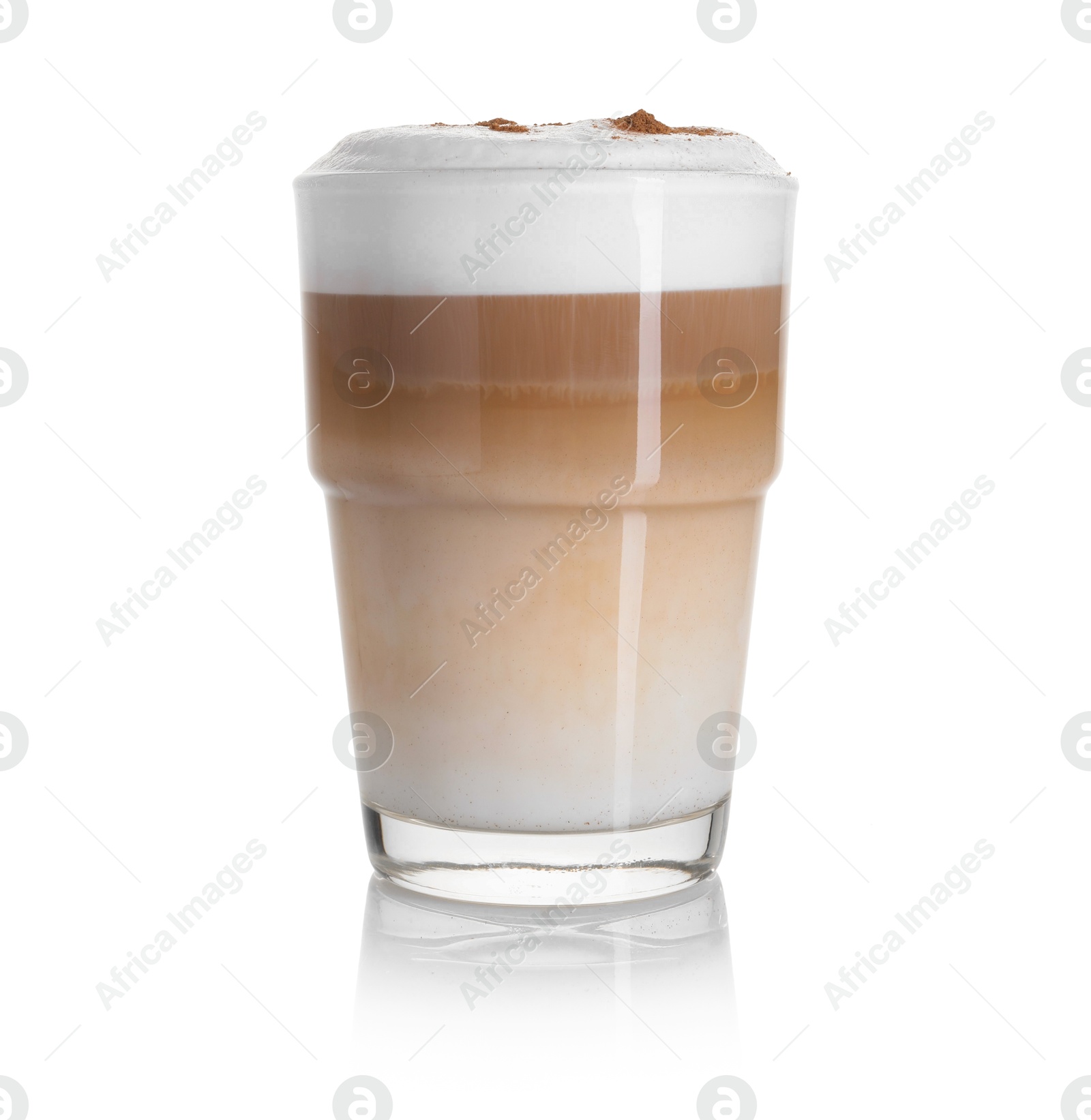 Photo of Tasty latte macchiato in glass isolated on white