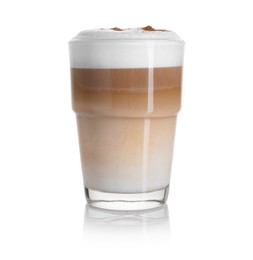 Photo of Tasty latte macchiato in glass isolated on white