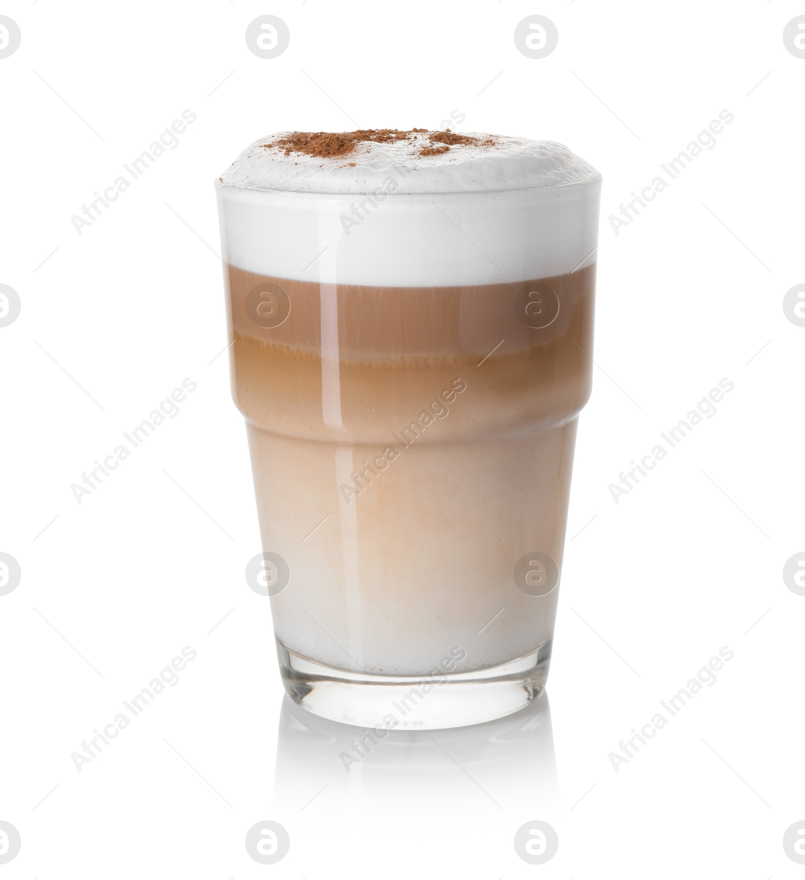 Photo of Tasty latte macchiato in glass isolated on white