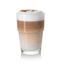 Photo of Tasty latte macchiato in glass isolated on white