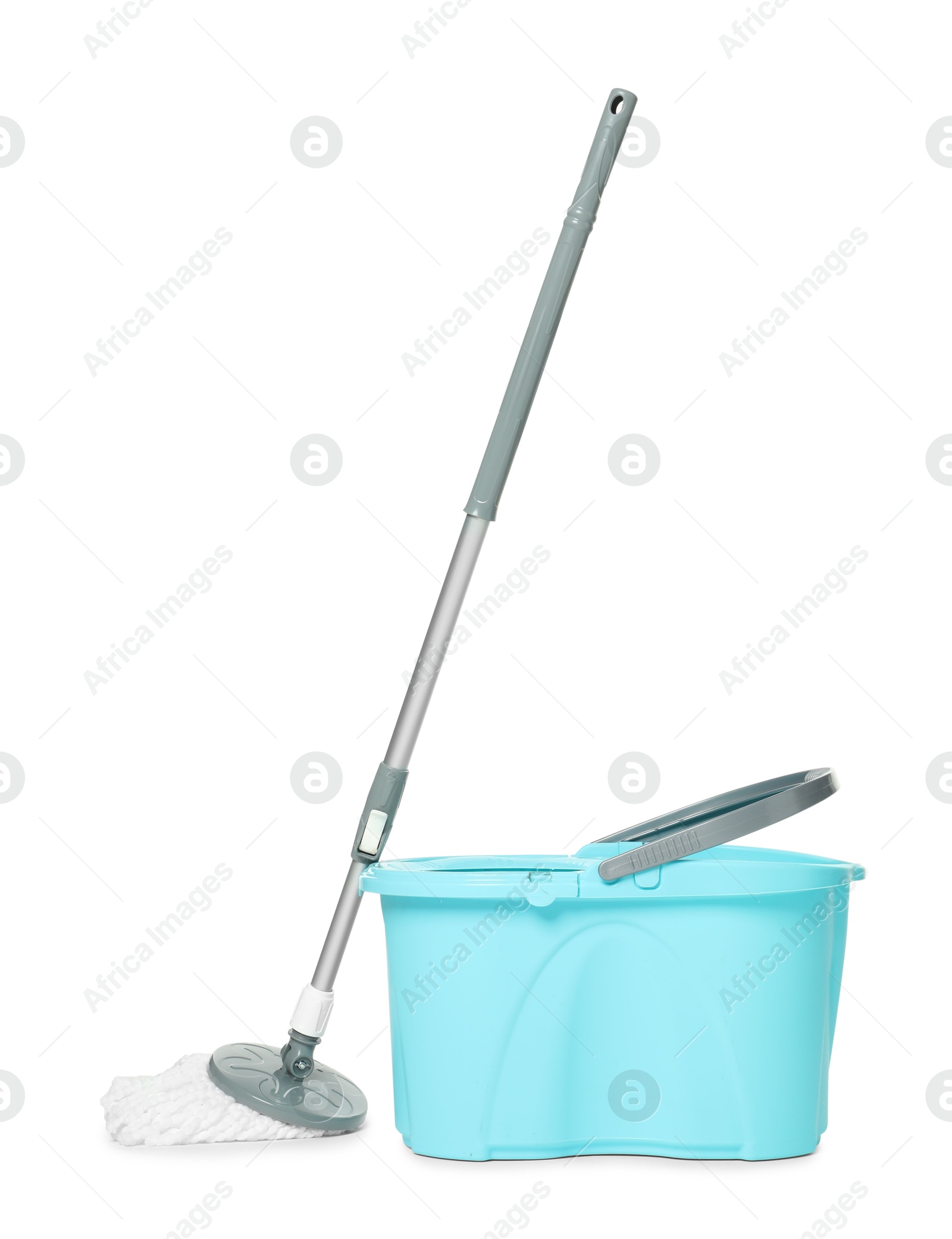 Photo of String mop and bucket isolated on white. Cleaning equipment