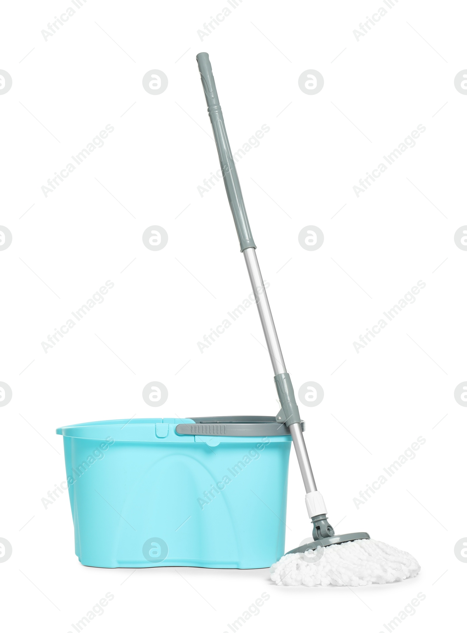 Photo of String mop and bucket isolated on white. Cleaning equipment