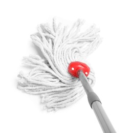 Photo of String mop isolated on white, above view. Cleaning equipment