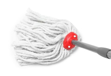 Photo of String mop isolated on white, above view. Cleaning equipment