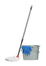 String mop, gloves and bucket isolated on white. Cleaning equipment