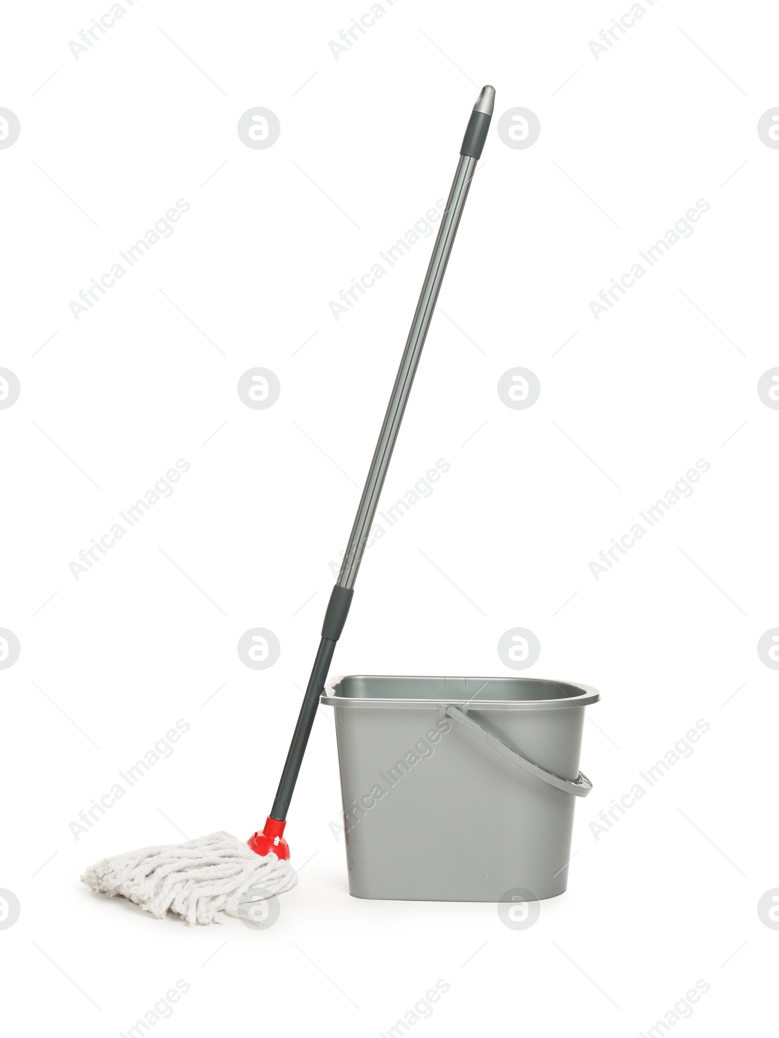 Photo of String mop and bucket isolated on white. Cleaning equipment