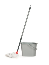 Photo of String mop and bucket isolated on white. Cleaning equipment