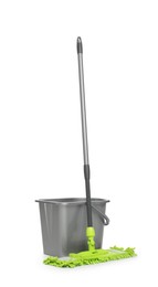 Microfiber mop and bucket isolated on white. Cleaning equipment