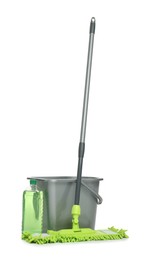 Microfiber mop, bottle of detergent and bucket isolated on white. Cleaning equipment