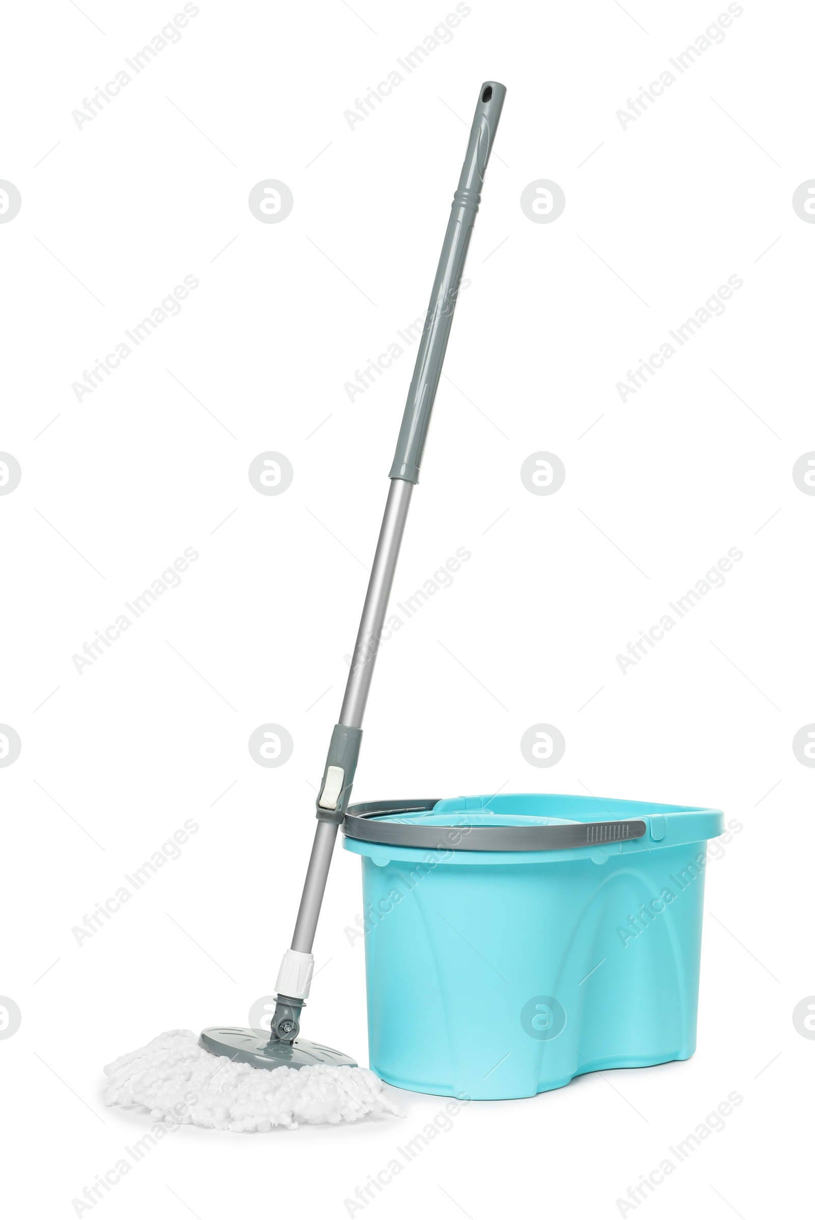 Photo of String mop and bucket isolated on white. Cleaning equipment