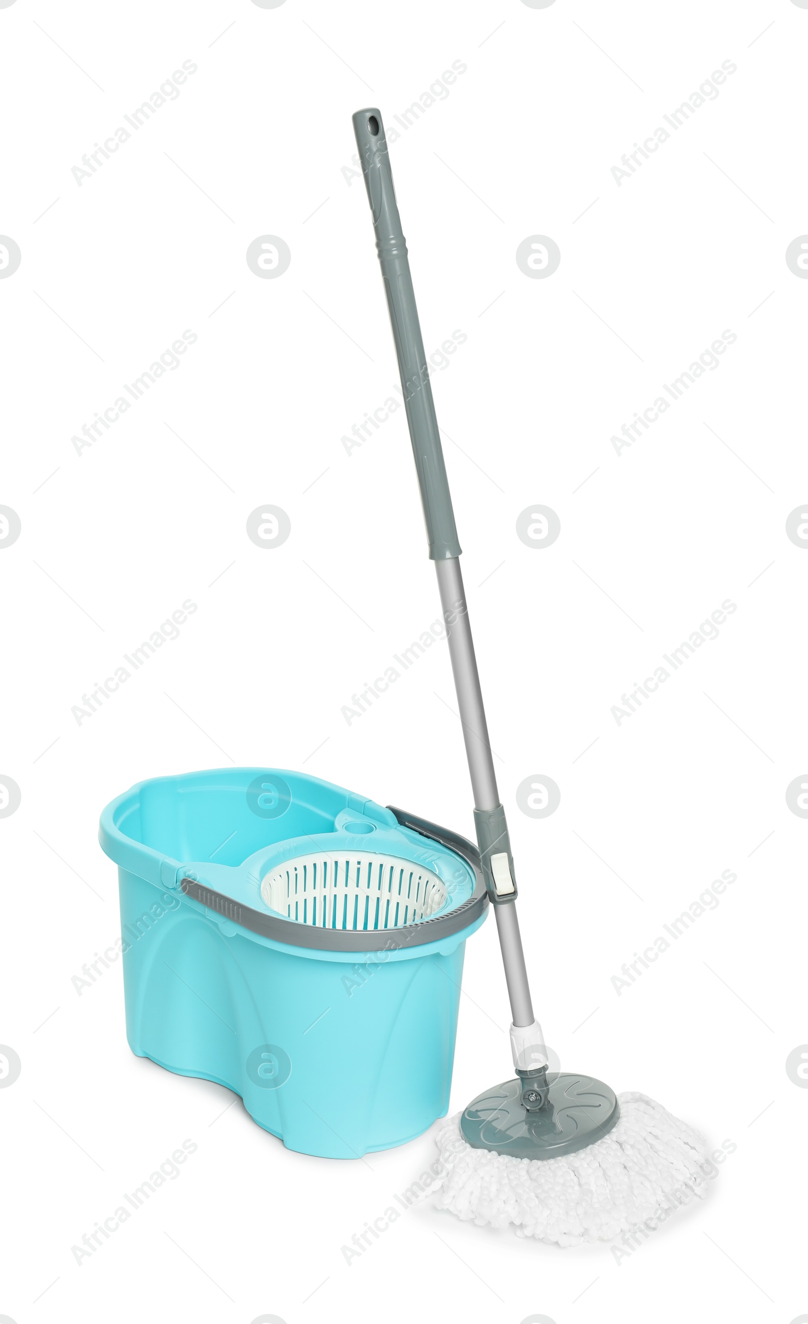 Photo of String mop and bucket isolated on white. Cleaning equipment