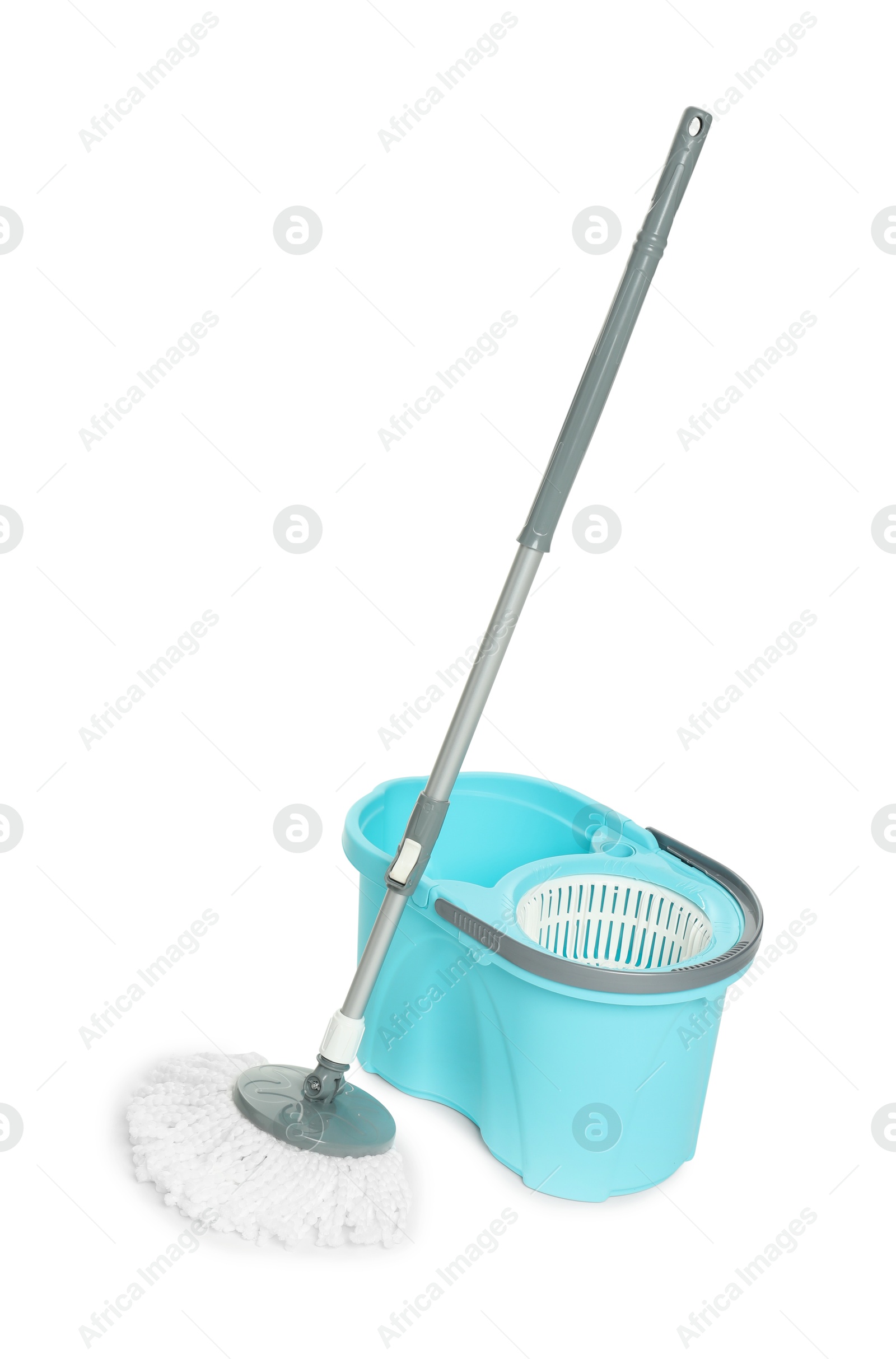 Photo of String mop and bucket isolated on white. Cleaning equipment