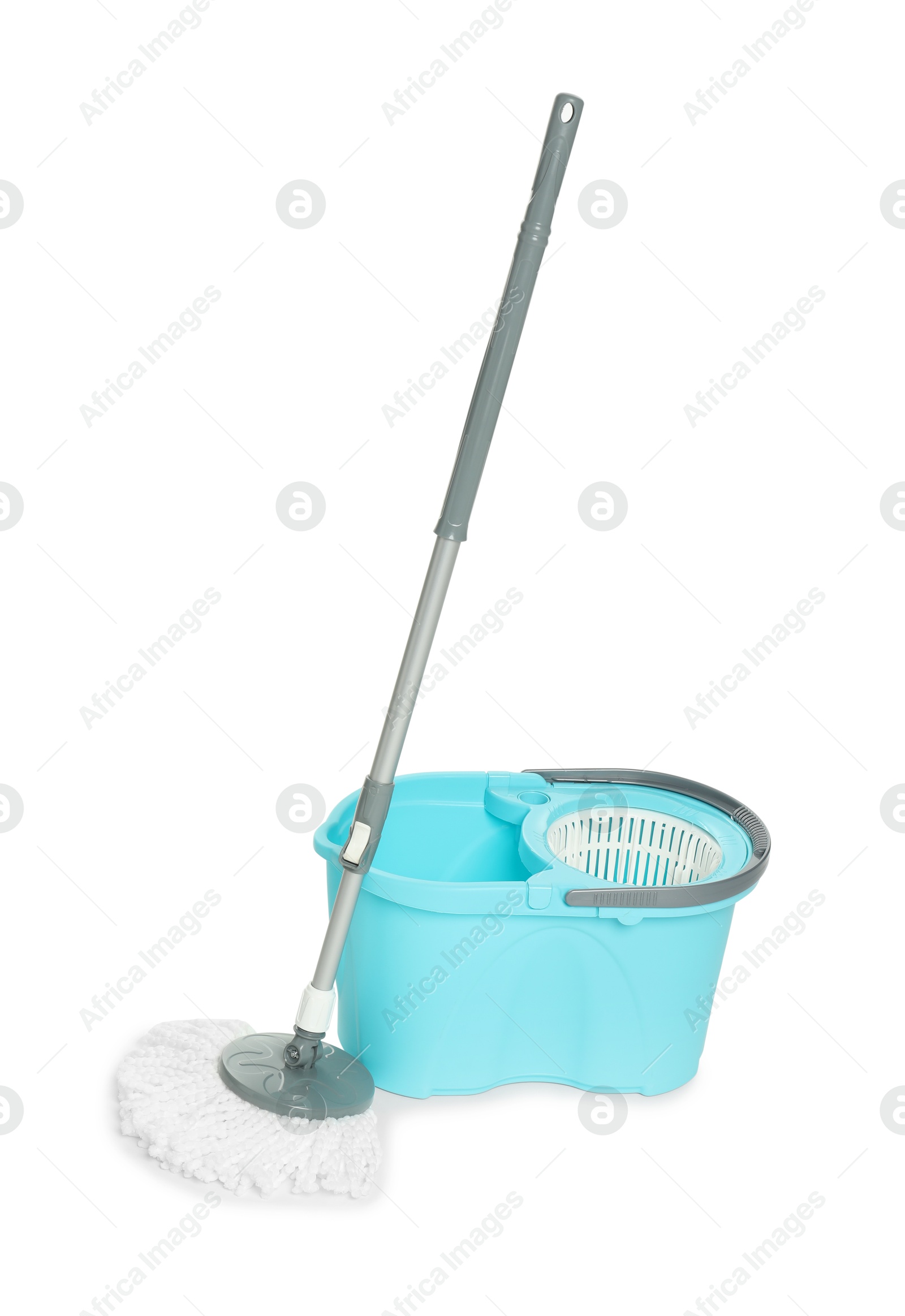 Photo of String mop and bucket isolated on white. Cleaning equipment