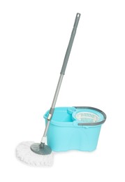 Photo of String mop and bucket isolated on white. Cleaning equipment