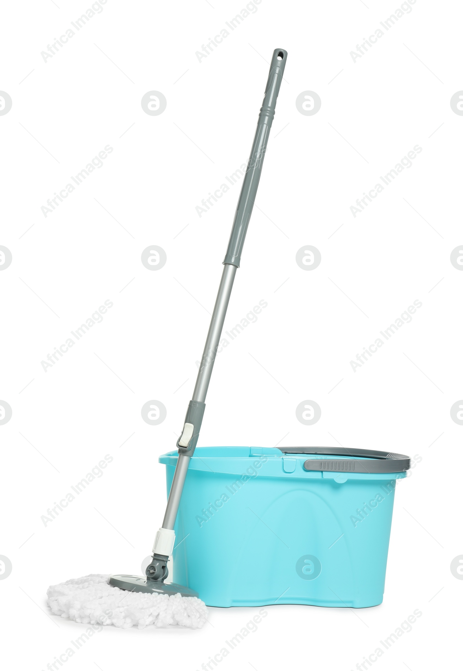 Photo of String mop and bucket isolated on white. Cleaning equipment