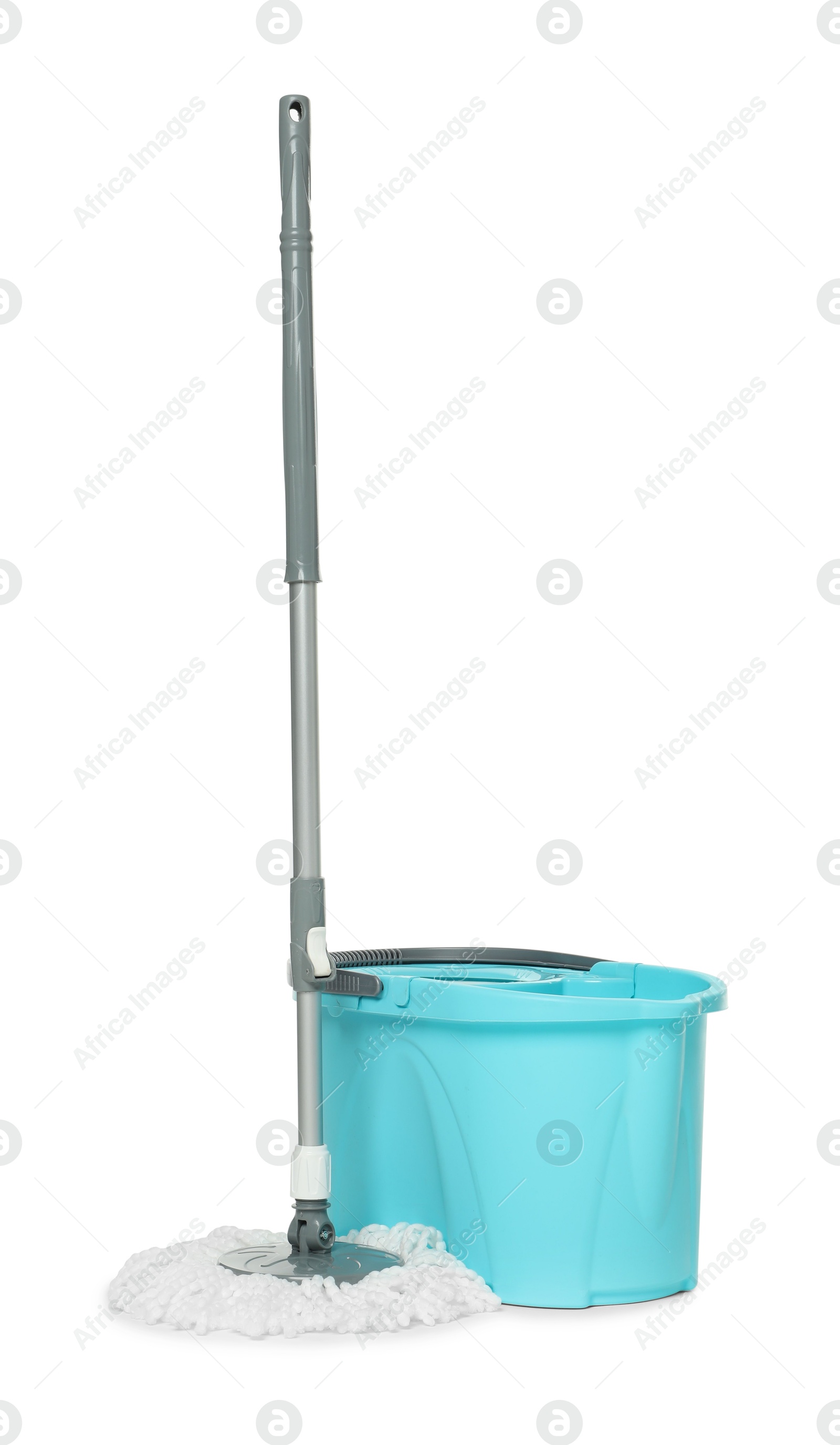 Photo of String mop and bucket isolated on white. Cleaning equipment