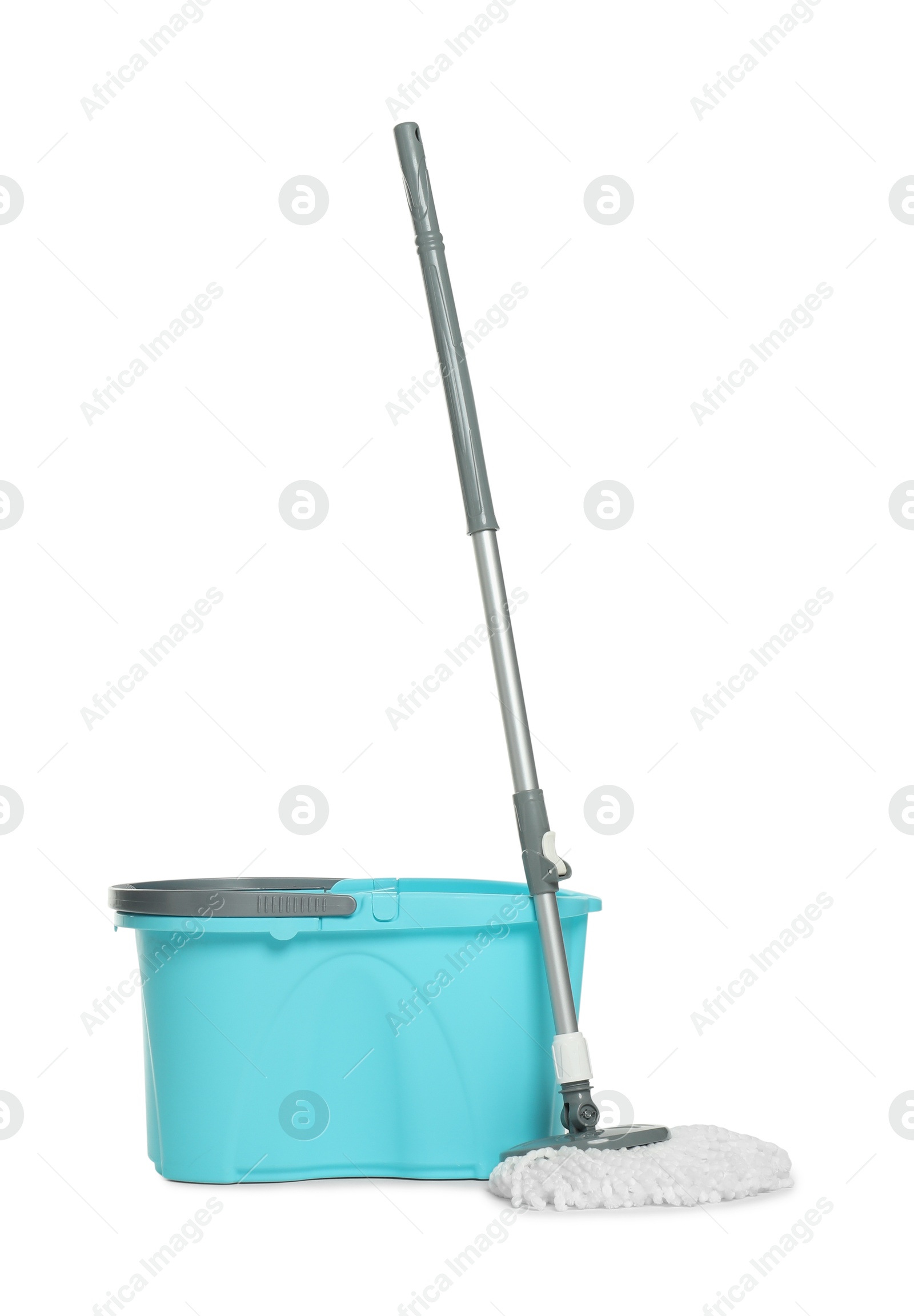 Photo of String mop and bucket isolated on white. Cleaning equipment